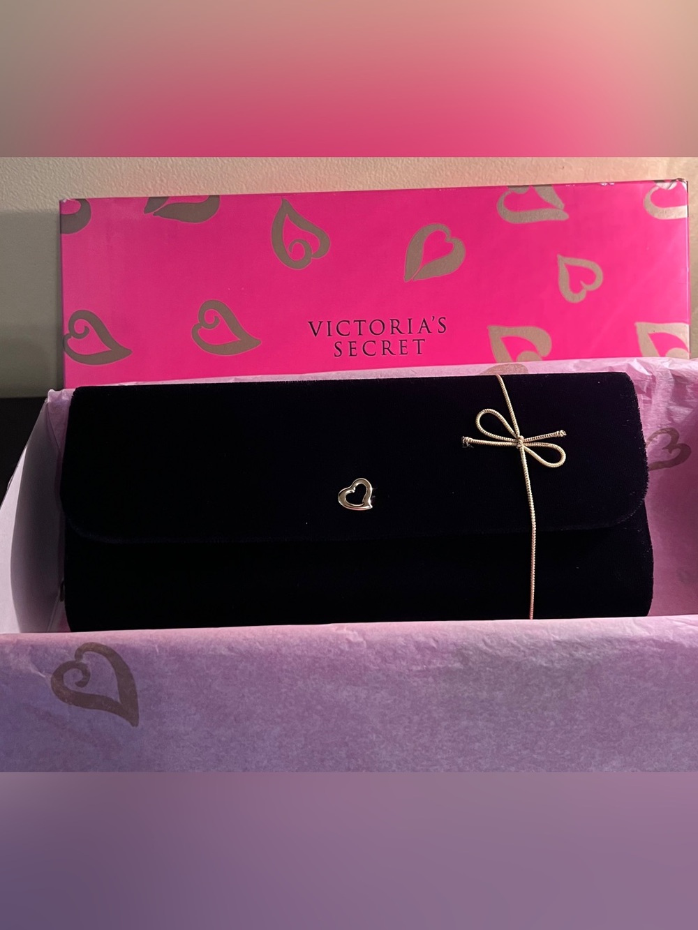Victoria's Secret Gold Heart Pendant Black Velvet Clutch Bag Vintage